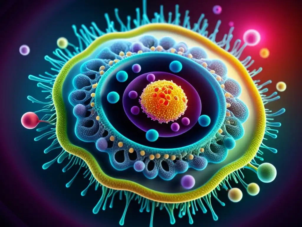 Detalle microscópico de una célula del sistema inmunitario rodeada de citocinas coloridas, destacando la función de las interleucinas en inmunidad