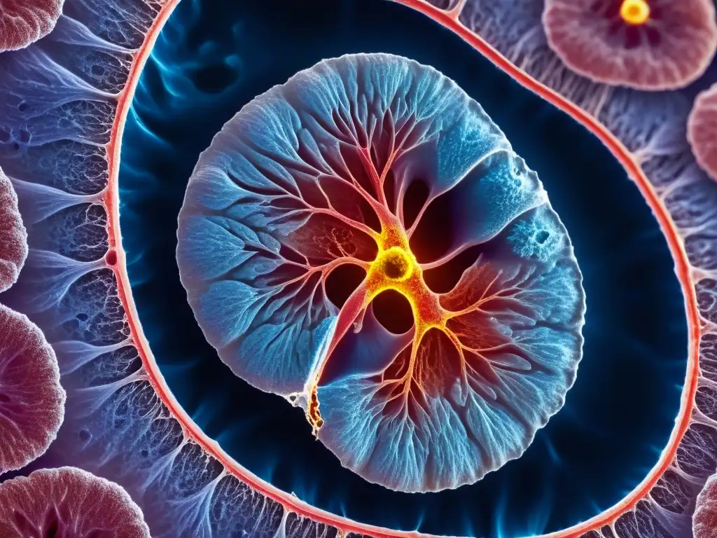 Detalle microscópico de tejido pulmonar afectado por sarcoidosis y terapias de apoyo, destacando la actividad inmune y la inflamación