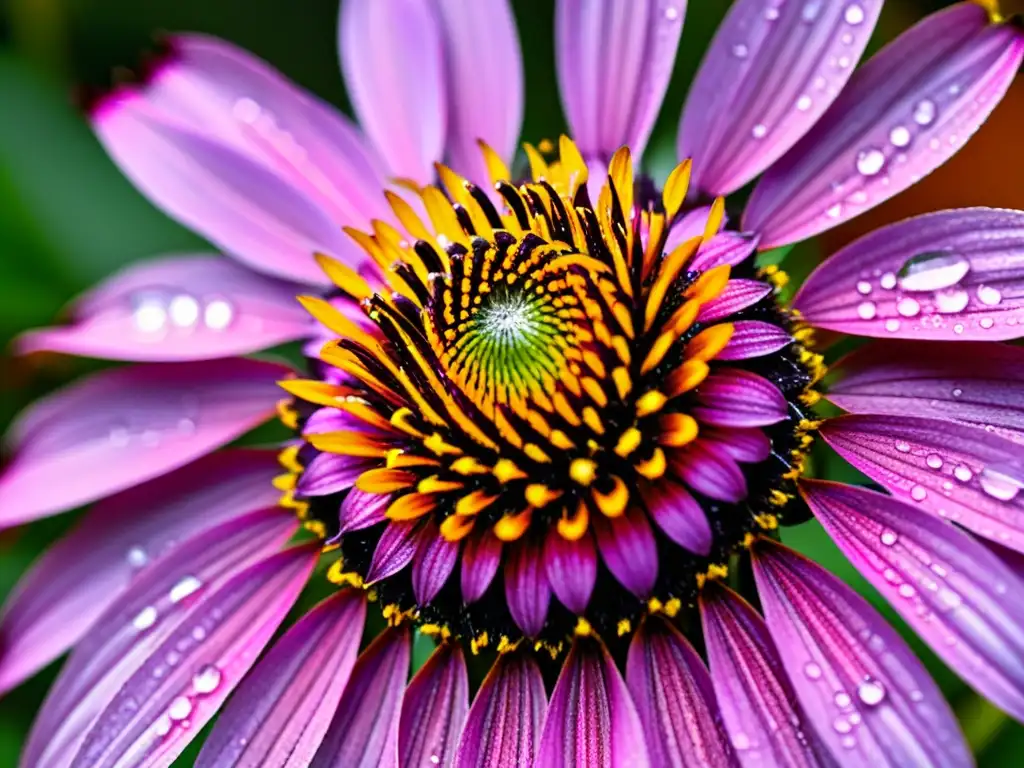 Detalle de equinácea morada con gotas de agua