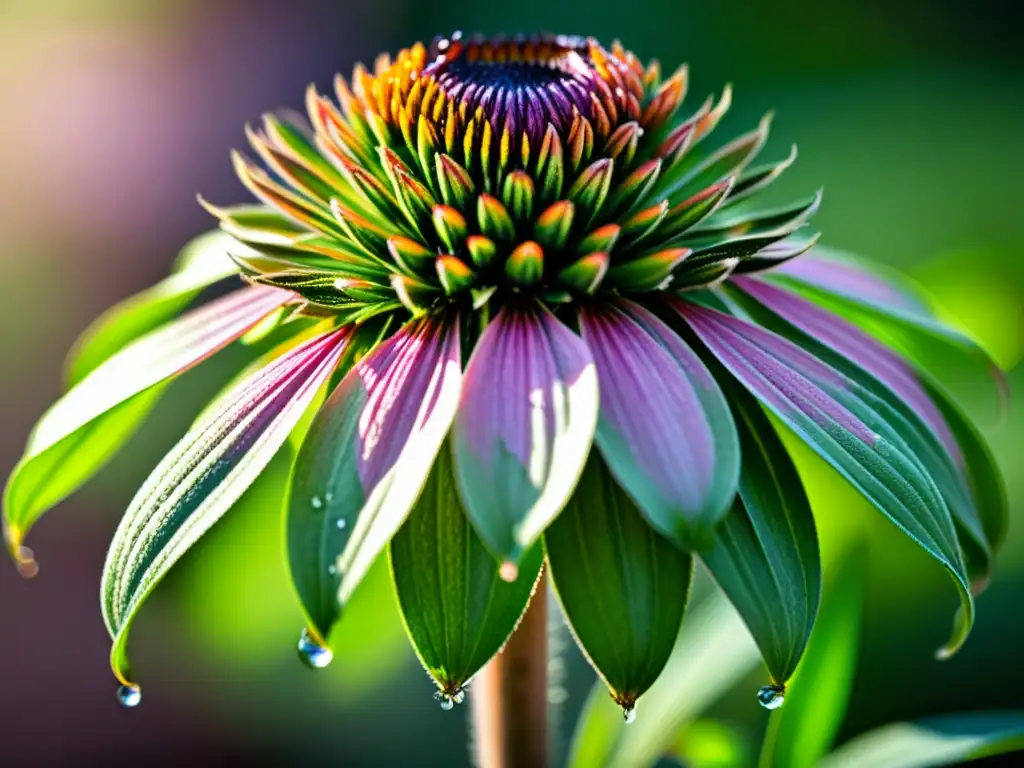 Detalle de una planta de equinácea con gotas de rocío, resaltando su belleza natural y poder medicinal para sistema inmunológico