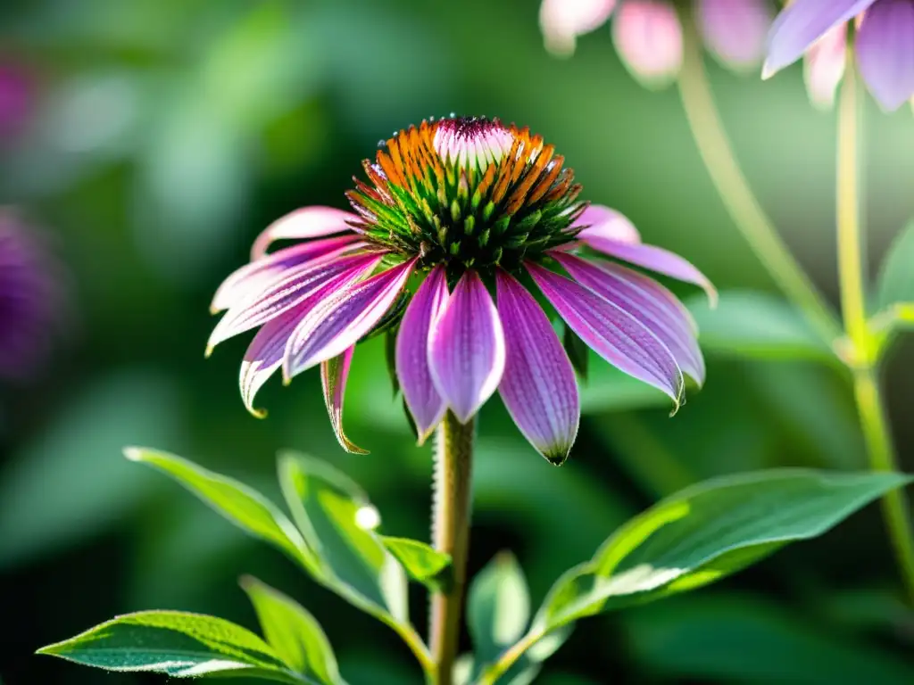 Detalle de planta de equinácea vibrante con flores moradas, resaltando su vitalidad y propiedades como plantas medicinales para sistema inmunológico