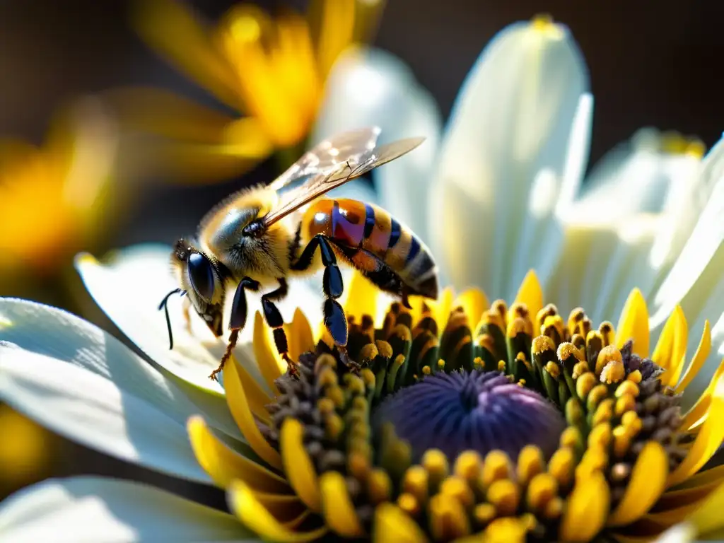 Detalle de polen dorado siendo recolectado por abejas en pétalos de flores, con beneficios del polen de abeja para el sistema inmune