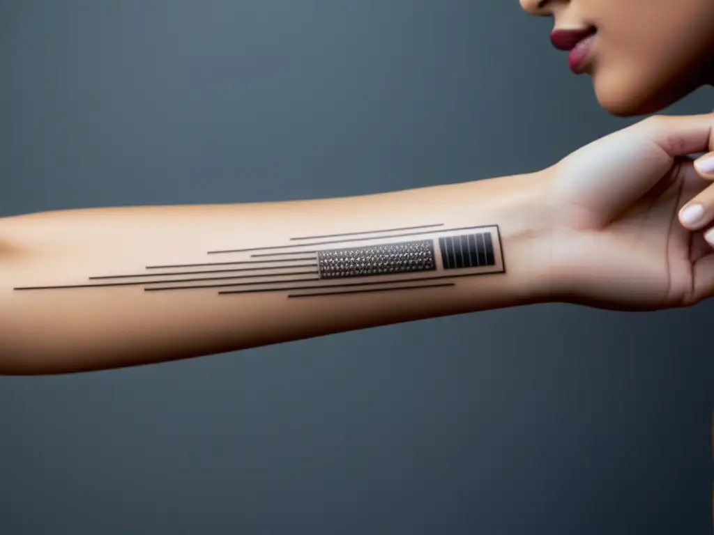 Detalle de tatuaje temporal de alta tecnología para monitoreo de salud inmunológica, elegante y futurista en el antebrazo