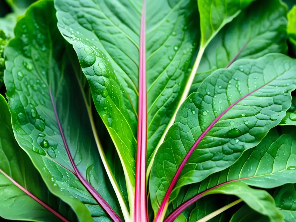 Detalle ultra vívido de hojas verdes vibrantes como espinacas, kale y acelgas con gotas de agua