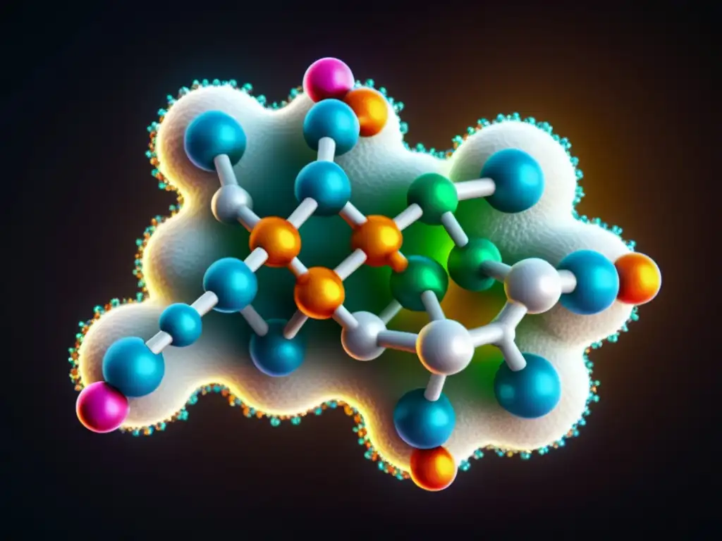 Detalle ultrapreciso de la estructura molecular de la glutamina, resaltando su complejidad