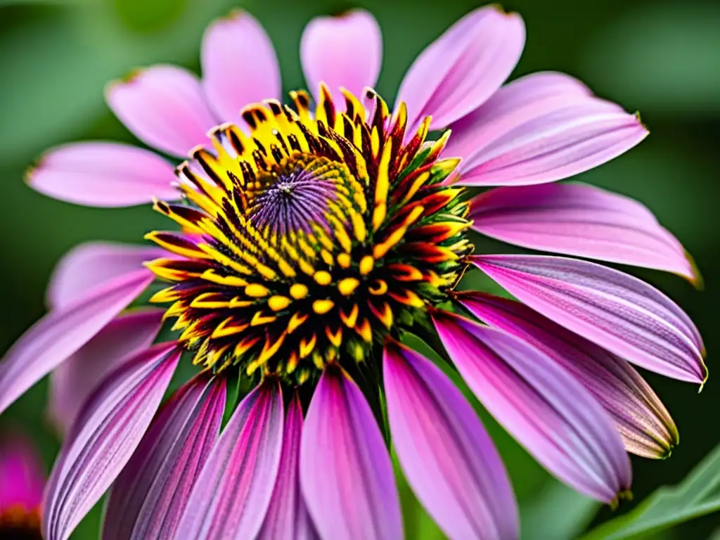 Detalle ultravívido de la flor morada de equinácea con luz solar, resaltando sus patrones y textura