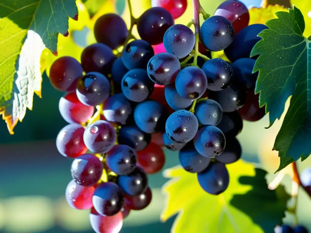 Detalle de uvas moradas brillantes con gotas de agua, exudando frescura y vitalidad