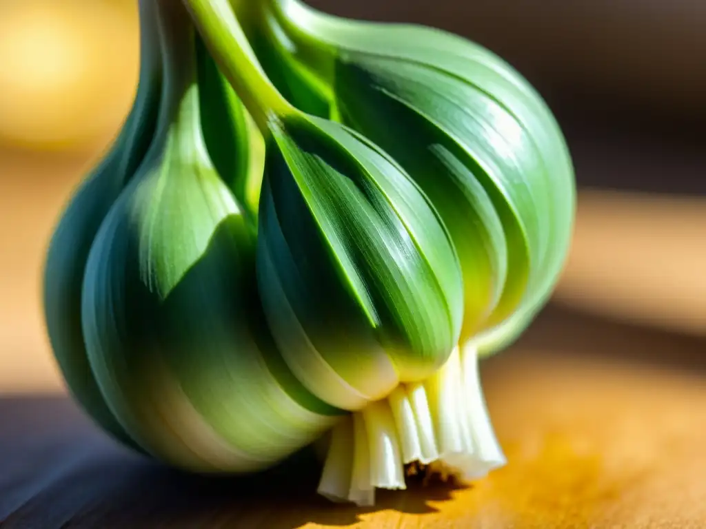 Detalle vibrante de un bulbo de ajo verde, con cada diente visible y la piel brillante