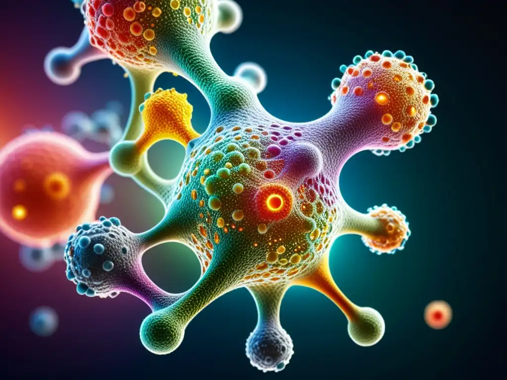 Complejidad y belleza del sistema inmunológico humano Detalle vibrante de la compleja estructura molecular del sistema inmunológico humano, evocando su importancia y belleza científica