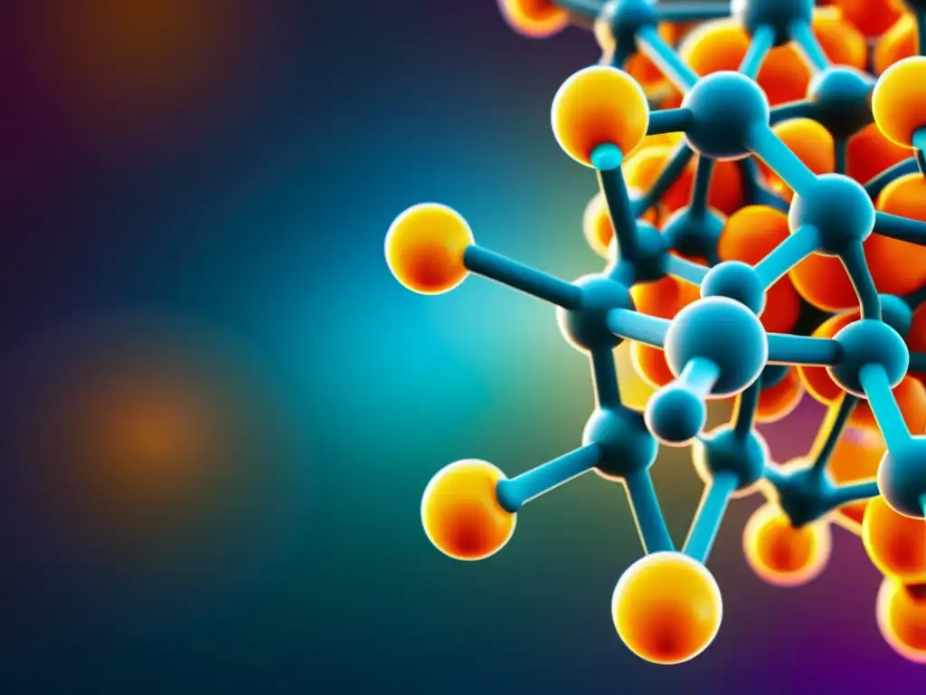 Detalle vibrante de la estructura molecular de la glucosamina, rodeada de células inmunes, resaltando los beneficios de la glucosamina en inmunidad