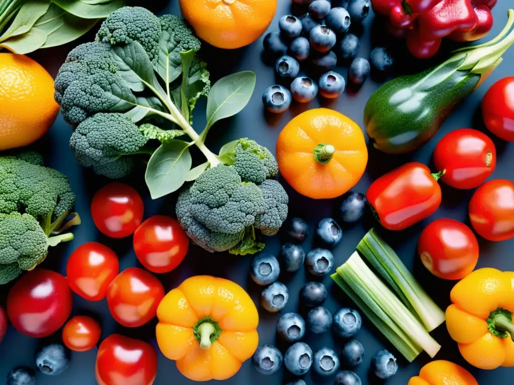 Detalle vibrante de frutas y verduras antioxidantes como arándanos, espinacas y naranjas