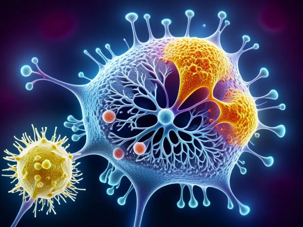 Detalle vibrante del funcionamiento del sistema inmunitario humano, con células T, B, macrófagos y dendríticas en acción en una imagen 8K