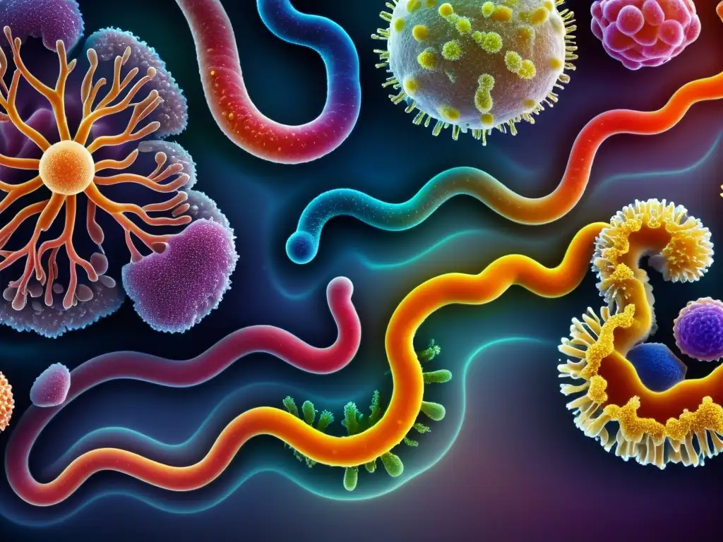 Detalle vibrante del microbiota intestinal humano, destacando su compleja red de bacterias, hongos y microorganismos