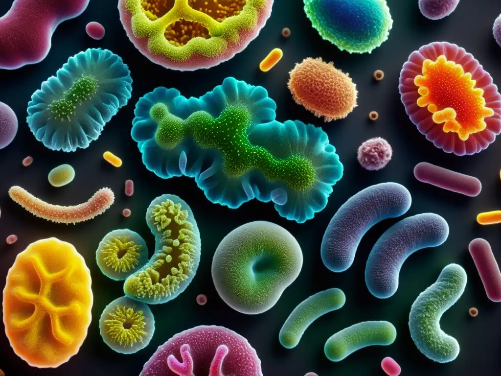 Detalle de vibrante microbiota intestinal, muestra la diversidad de bacterias en un ecosistema colorido