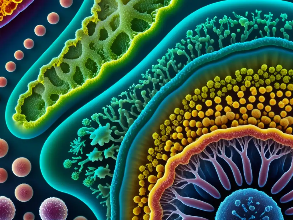 Detalle vibrante de microorganismos del microbioma intestinal