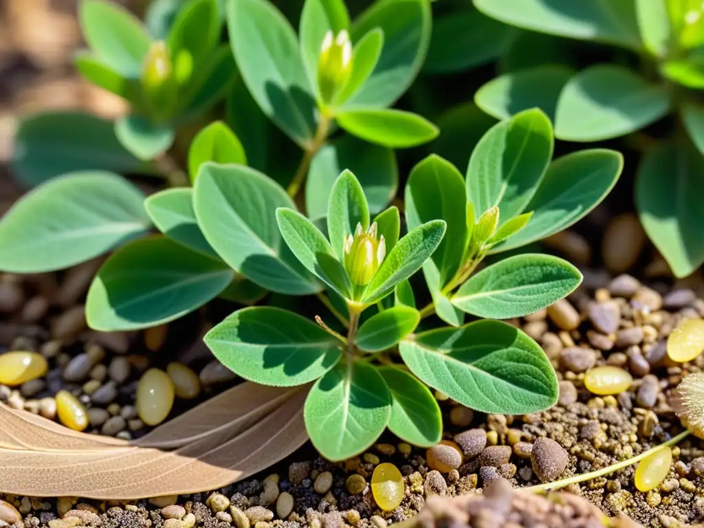 Detalle vibrante de planta astrágalo, con hojas intrincadas, flores delicadas y luz solar filtrándose entre el follaje