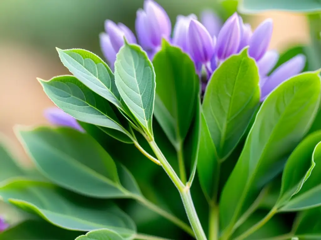 Detalle vibrante de planta astrágalo verde con hojas palmeadas, flores moradas y semillas