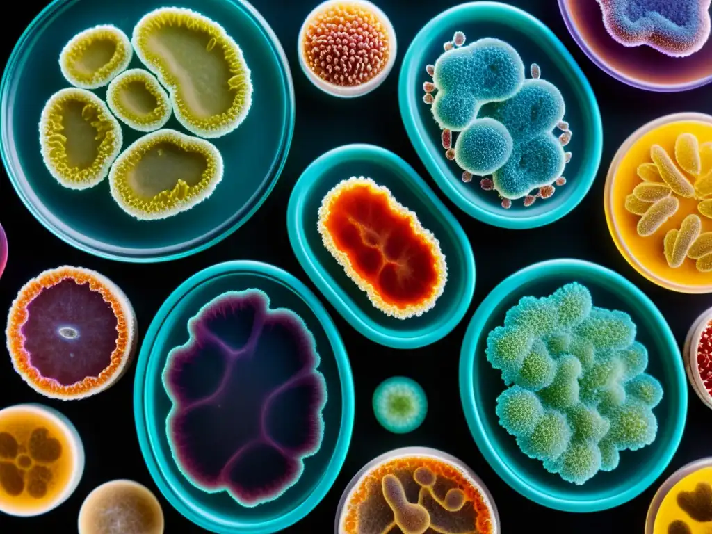 Detalle vibrante de probióticos y antibióticos en petri dish, mostrando la colaboración en el sistema inmunológico