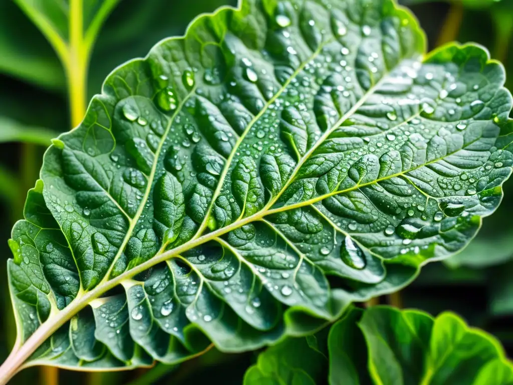 Detalles en alta definición de una hoja de vegetal verde con gotas de rocío, resaltando la importancia del ácido fólico para el sistema inmunológico