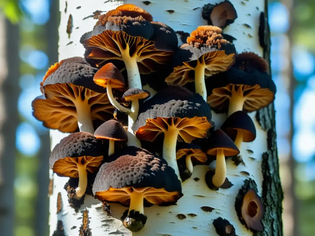 Detalles asombrosos de hongos Chaga en el bosque