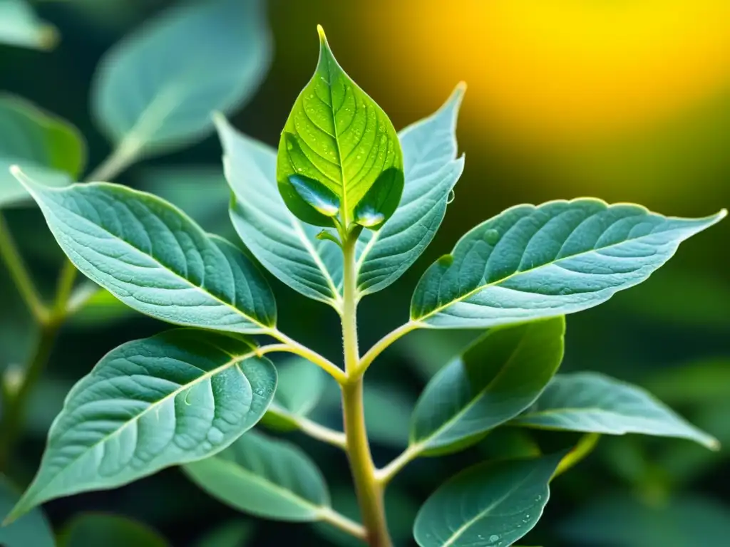 Detalles asombrosos de una planta de ginseng verde vibrante, con hojas delicadas que se despliegan hacia la luz del sol