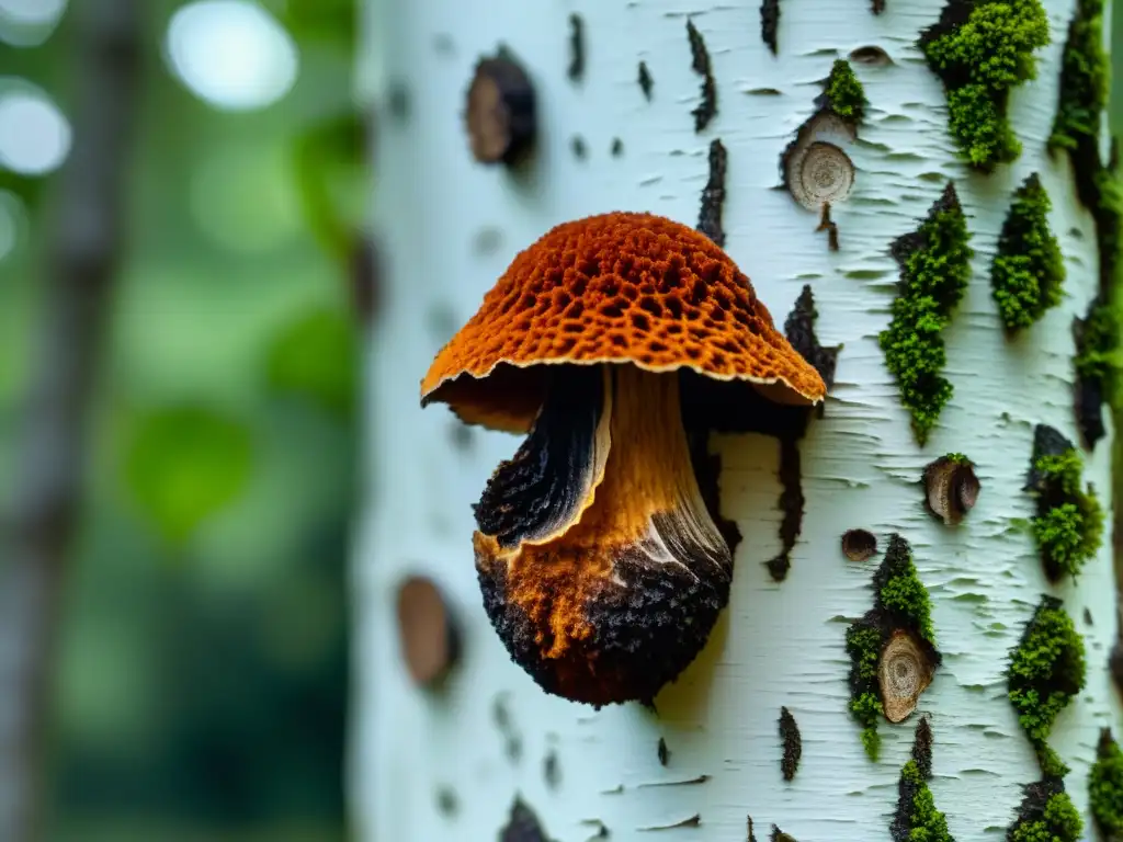 Detalles fascinantes del hongo Chaga en un árbol de abedul