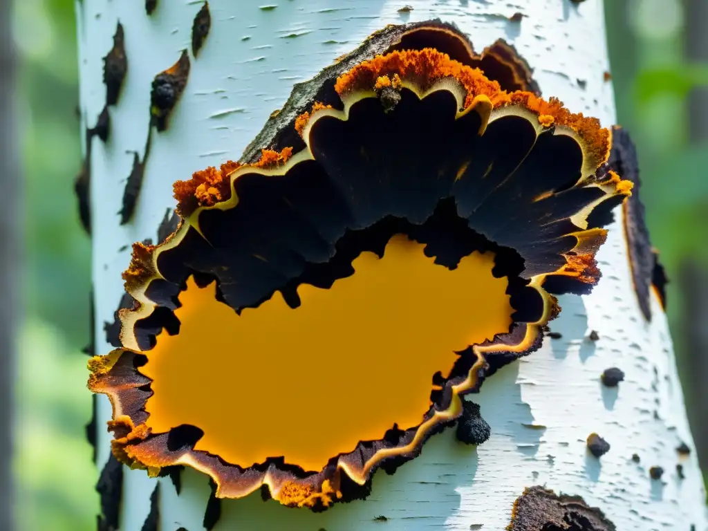 Detalles impresionantes de hongos Chaga silvestres en un árbol de abedul