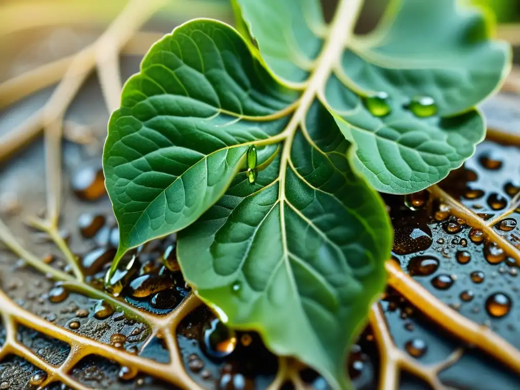 Detalles impresionantes de una raíz de ginseng rodeada de hojas verdes vibrantes y gotas de agua