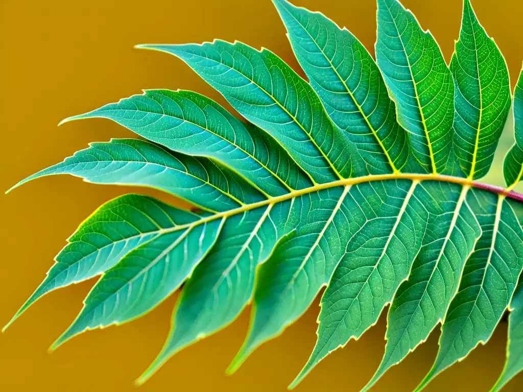 Detalles intrincados de una hoja de neem bañada en suave luz natural