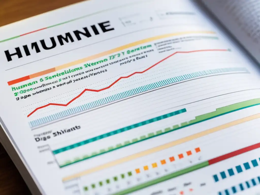 Detalles vibrantes de un diario científico sobre el sistema inmunológico, iluminado por luz natural