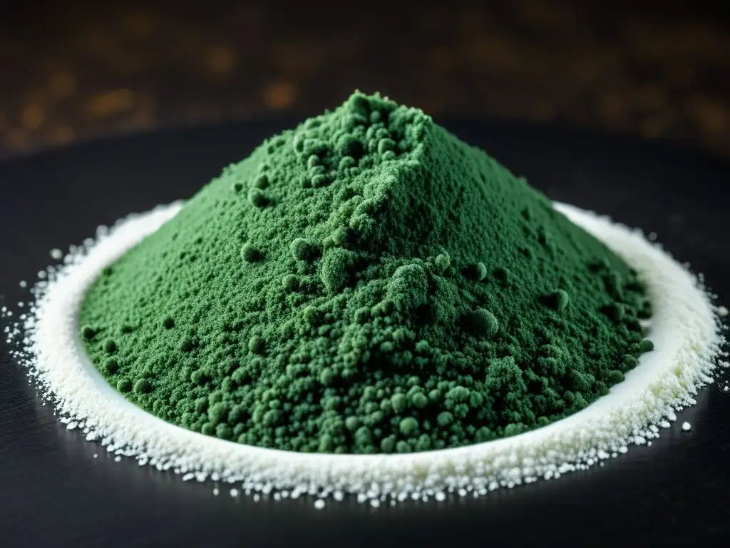 Detalles vibrantes del polvo de espirulina en un fondo oscuro, resaltando su belleza natural