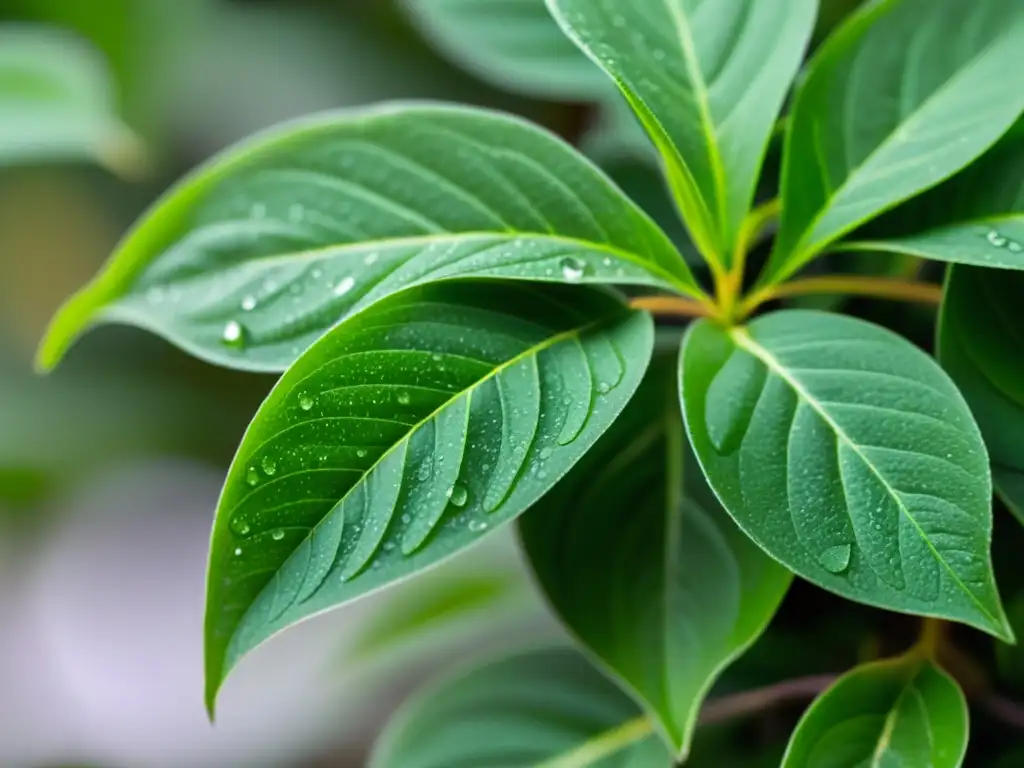 Detalles vívidos de la planta de Andrographis con gotas de rocío, evocando frescura y vitalidad