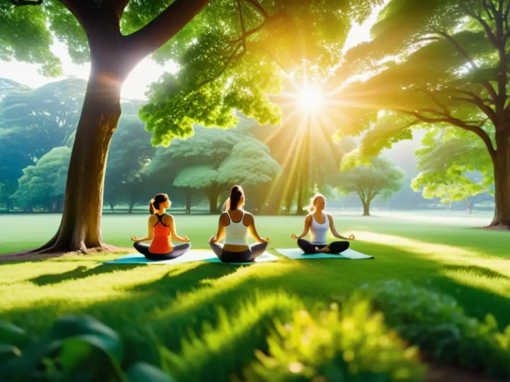 Un día soleado en el parque: adultos practican yoga y corren bajo el sol, fortaleciendo su inmunidad