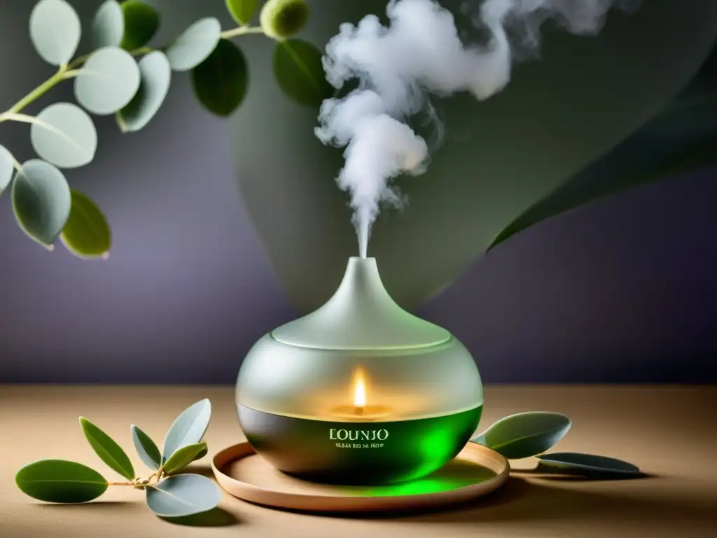 Un difusor de vidrio libera vapor aromático rodeado de eucalipto y lavanda en un spa relajante