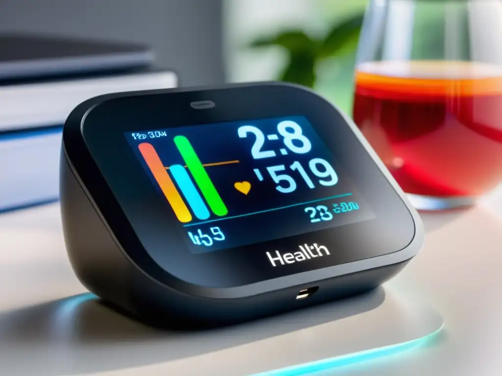 Monitor iHealth Track: Futurista y Preciso Dispositivo iHealth Track mostrando datos de presión arterial e inmunológicos en visualizaciones dinámicas, en un entorno hogareño moderno y cálido