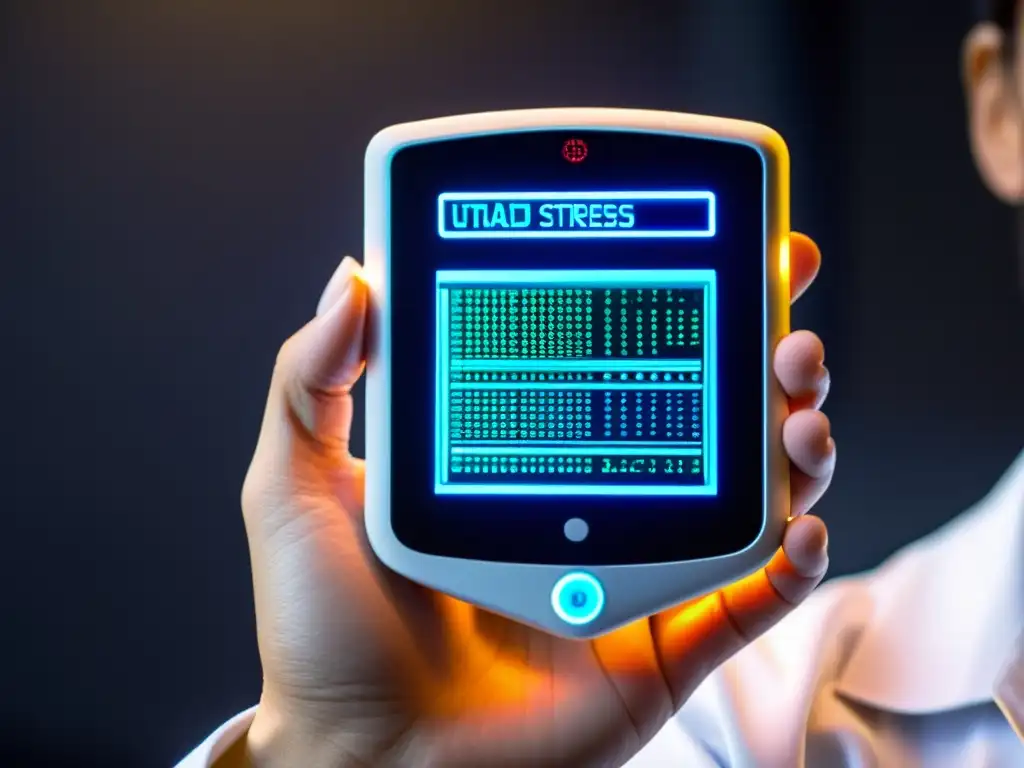 Un dispositivo futurista de última generación muestra datos complejos sobre niveles de estrés oxidativo