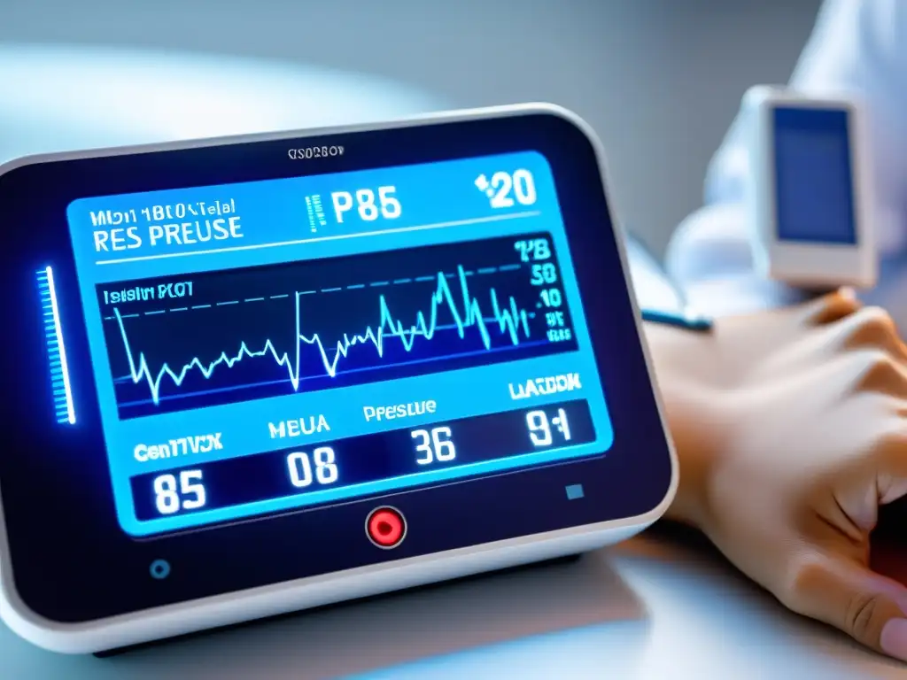 Un dispositivo médico moderno muestra presión arterial en tiempo real y su relación con el sistema inmune en una interfaz futurista