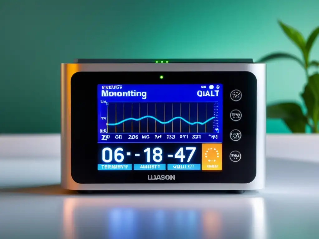 Dispositivo moderno de monitoreo de calidad del aire, mostrando datos en tiempo real