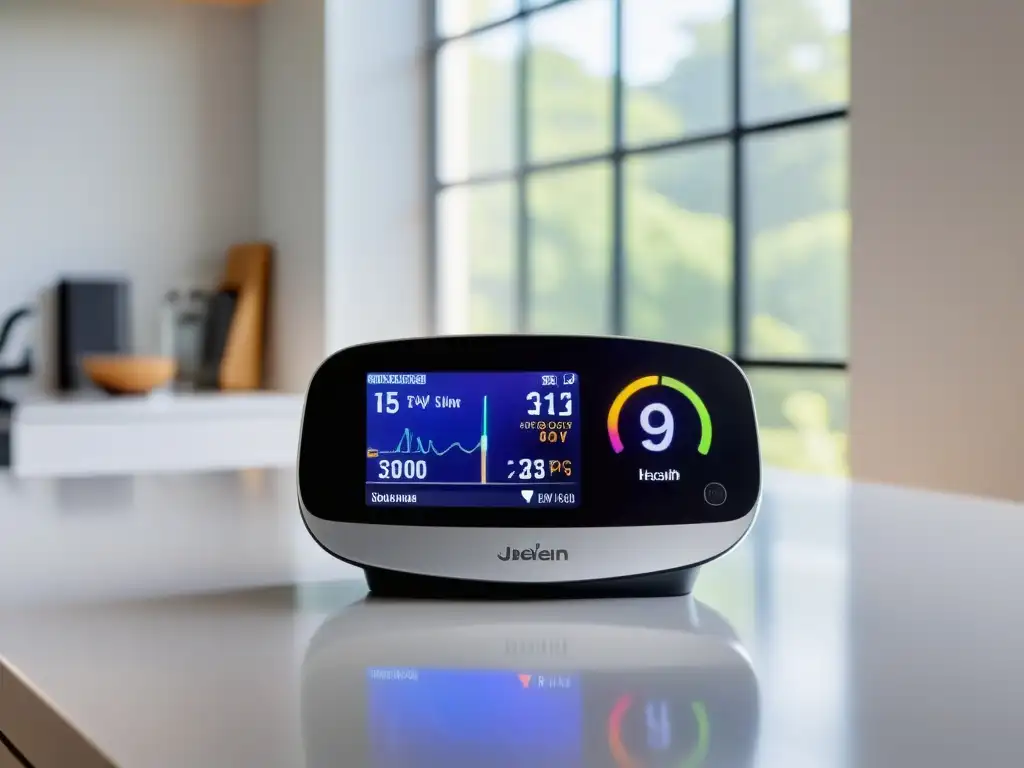 Monitor de salud doméstico: datos inmunitarios en tiempo real Un dispositivo moderno de monitoreo inmunológico para uso doméstico, con pantalla clara y datos en tiempo real, en un ambiente luminoso y minimalista