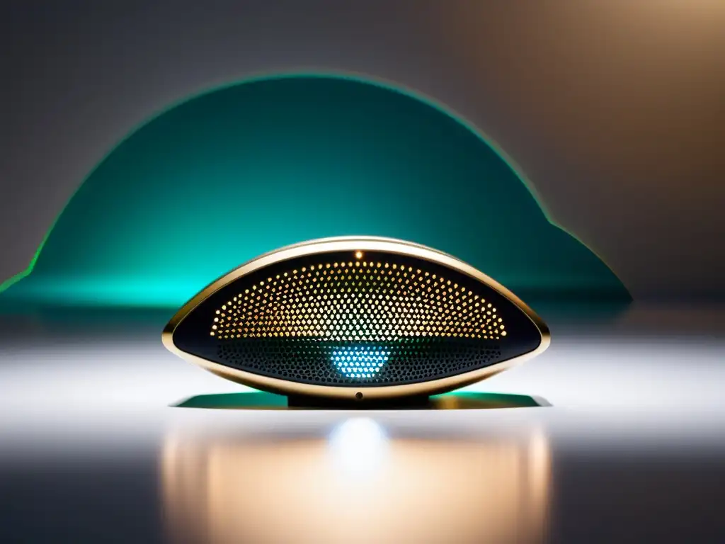 Un dispositivo de monitoreo auditivo inmunológico de diseño futurista, iluminado por luz ambiental, con un fondo minimalista limpio