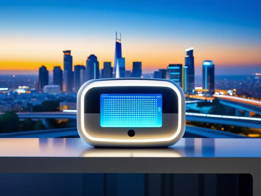 Un dispositivo de monitoreo de calidad del aire de diseño futurista, iluminado en la ciudad