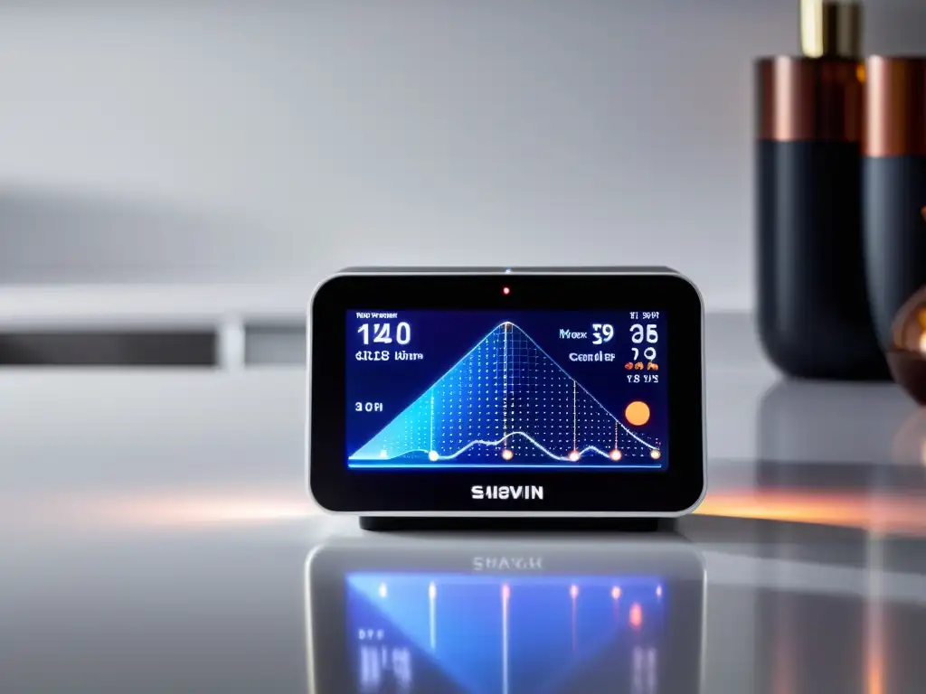 Dispositivo inmunológico de vanguardia en un hogar moderno Dispositivo de monitoreo inmunológico de uso doméstico con diseño moderno y datos en pantalla, sobre encimera blanca