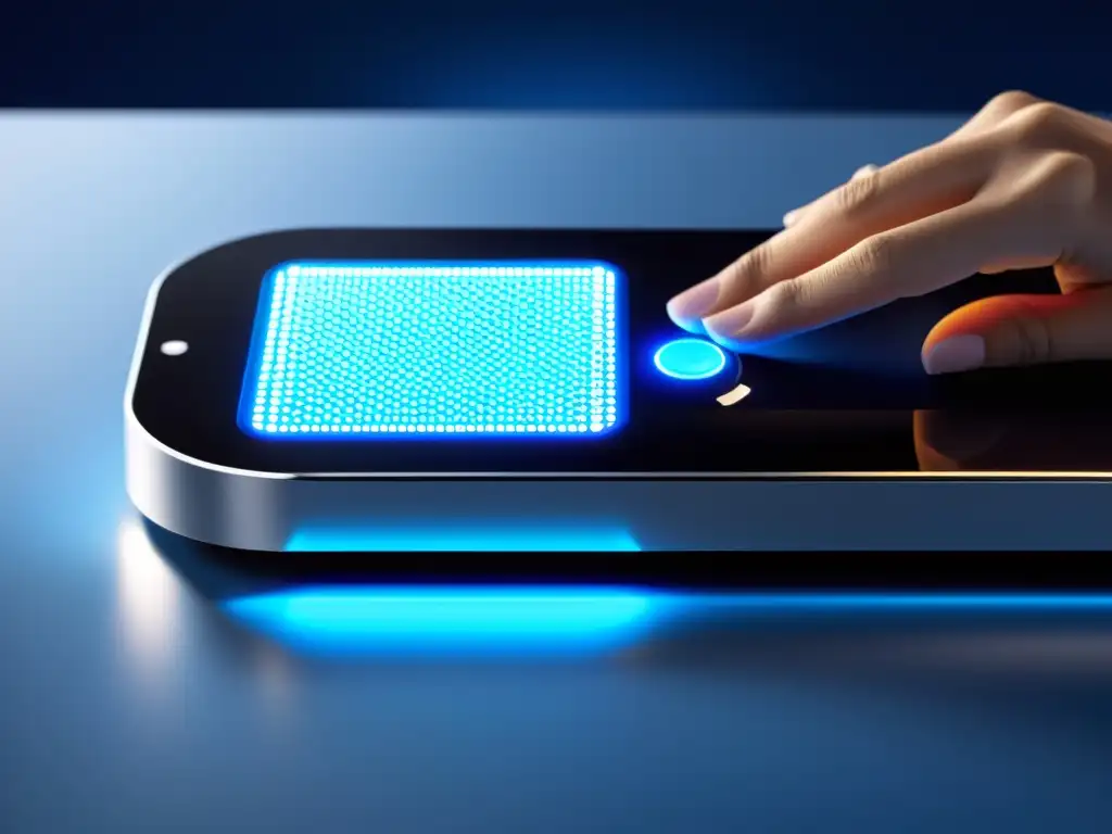 Un dispositivo de monitoreo de salud futurista, con iluminación LED azul, en un entorno moderno y minimalista