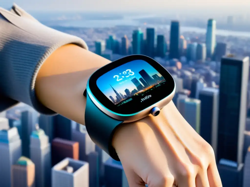 Un dispositivo wearable futurista muestra datos de calidad del aire en tiempo real sobre un fondo urbano