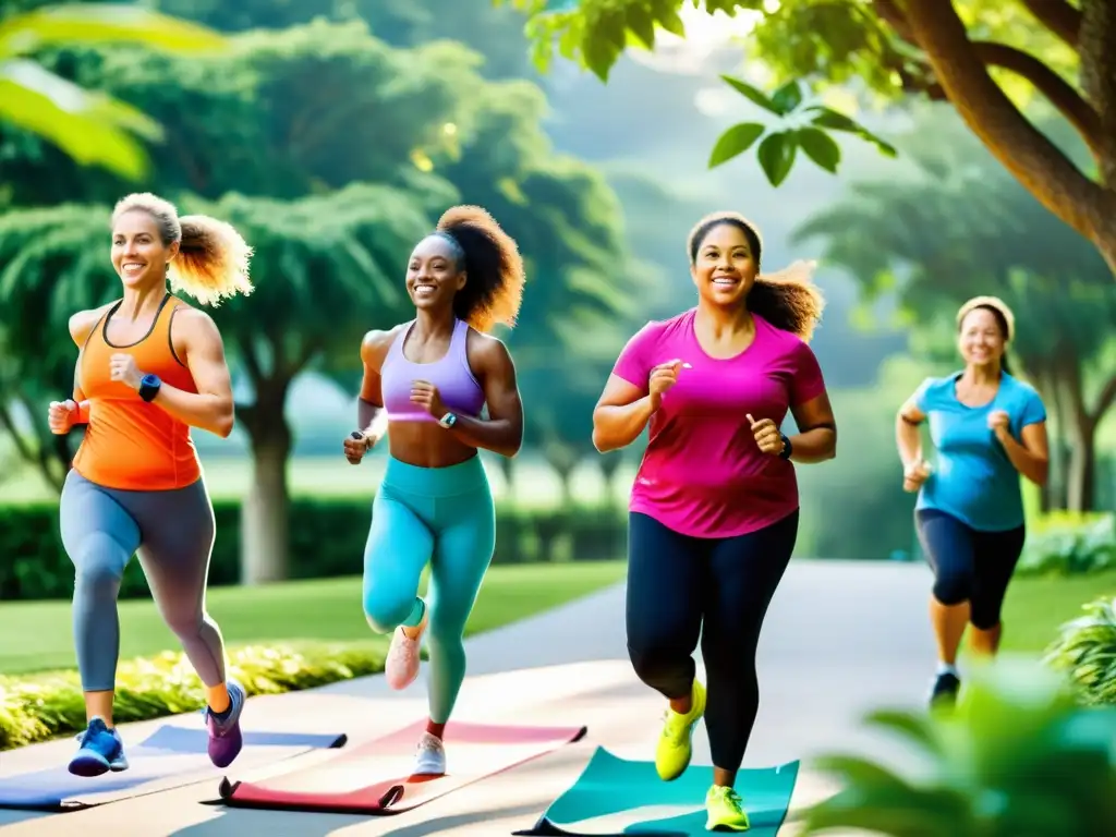 Diverso grupo de adultos disfrutando de actividades físicas al aire libre, promoviendo la salud y la inmunidad en adultos con obesidad