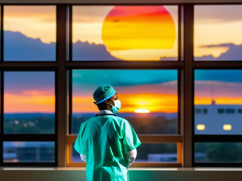 Un doctor con equipo de protección personal mira el atardecer desde el hospital, reflejando esperanza y determinación