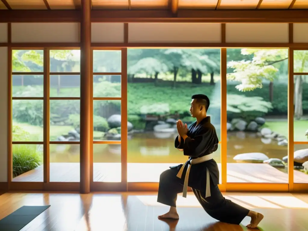 Un dojo tranquilo con grandes ventanas que dan a un jardín apacible, lleno de vegetación exuberante y un arroyo