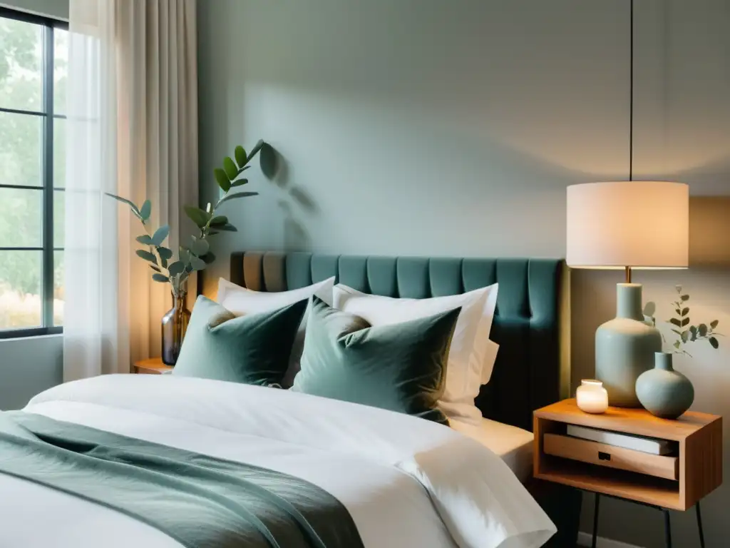 Tranquilo dormitorio moderno con luz natural suave y relajante Un dormitorio moderno y sereno que mejora el sistema inmunológico con sueño reparador, decorado con tonos neutros y líneas limpias