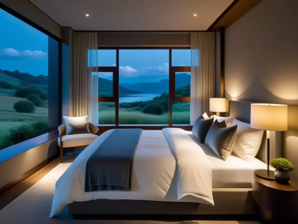 Refugio nocturno: cama lujosa en paisaje sereno Un dormitorio sereno y acogedor con una cama cómoda y una vista relajante de la luna, ideal para mejorar el sistema inmunológico con sueño reparador