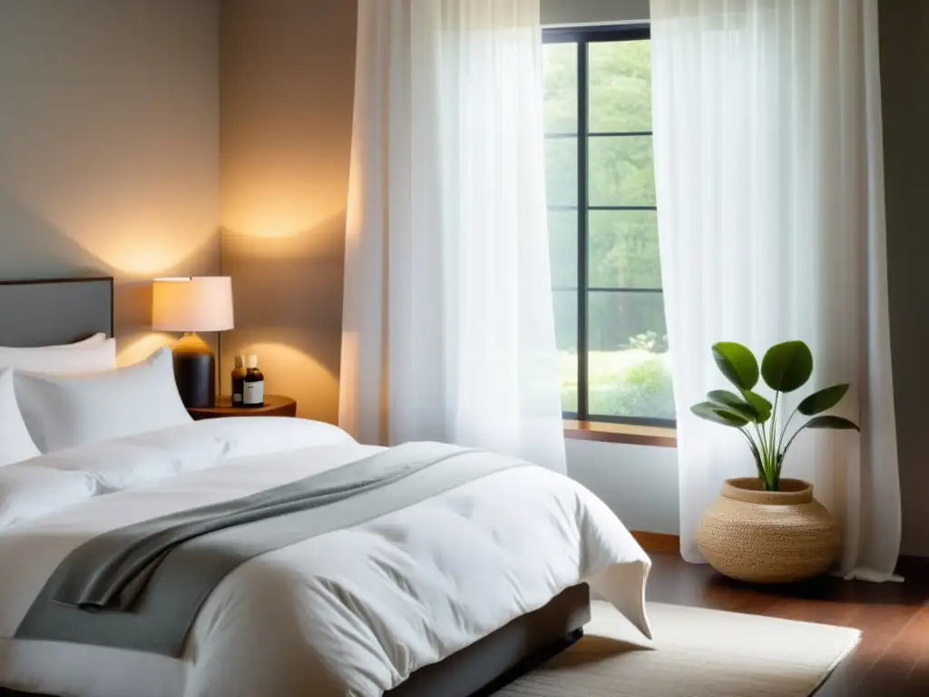 Tranquilidad en el dormitorio: 8k imagen detallada Un dormitorio sereno con iluminación suave que promueve un ambiente de sueño reparador para mejorar el sistema inmunológico